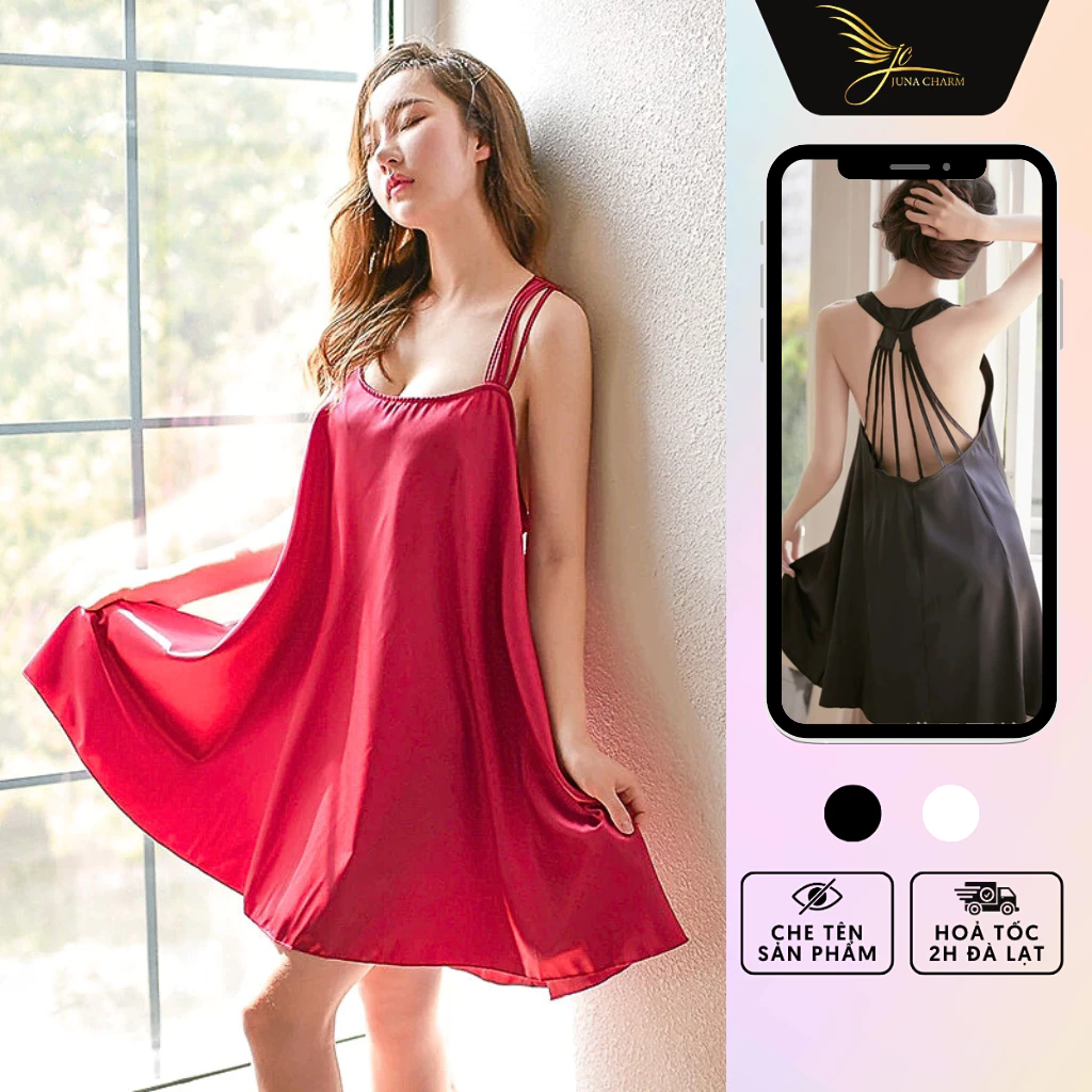 Váy Ngủ, Đầm Ngủ Trơn Cute JUNA Freesize Thời Trang Đồ Ngủ Dành Cho Nữ Chất Lụa Cao Cấp, Màu Đen/Hồng/Đỏ/SP989A