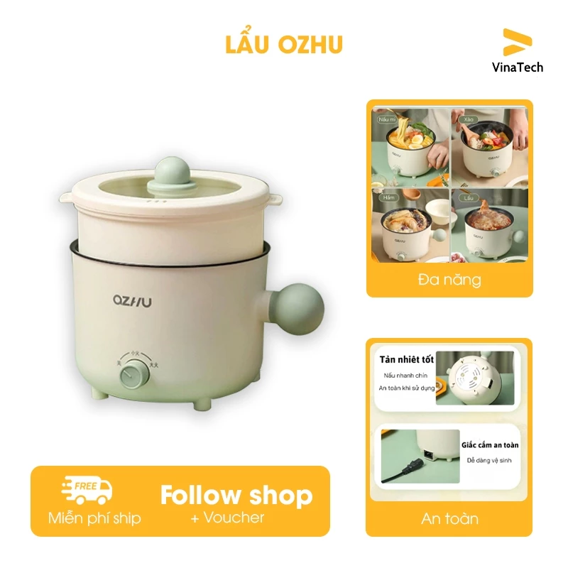Nồi Lẩu Điện Mini Đa Năng, Ca Nấu Mì Ozhu 2 Nấc Nhiệt Dung Tích 1.8L Công Suất 600W Tặng Kèm Giá Hấp,