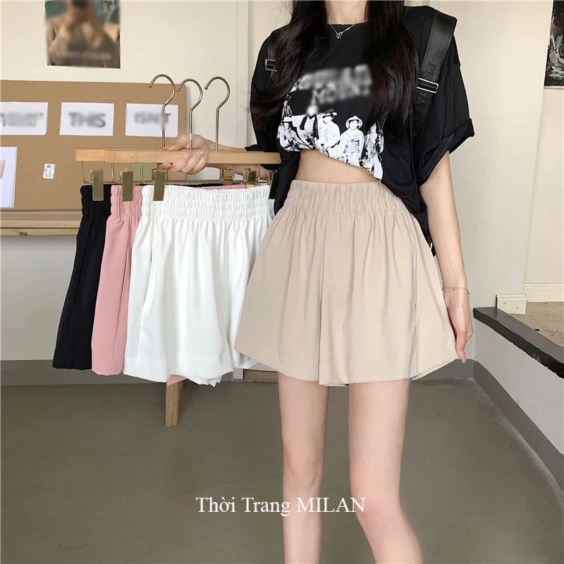 Quần Short Đùi Nữ Ống Rộng Cạp Chun M861 Màu Hồng Đen Trắng - Quần sooc nữ mặc nhà ngủ đi chơi biển chất vải gió lụa