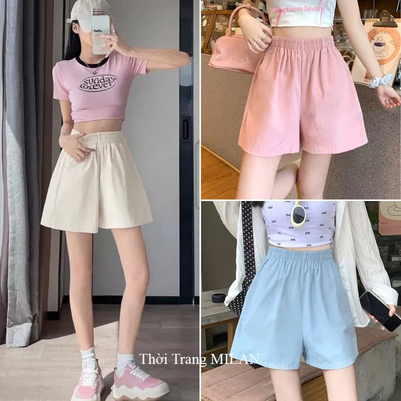 Quần short ngắn lưng cao thun co giãn màu Trắng Hồng Đen M861 - Quần đùi cạp chun nữ mặc nhà mùa hè đi biển thể thao