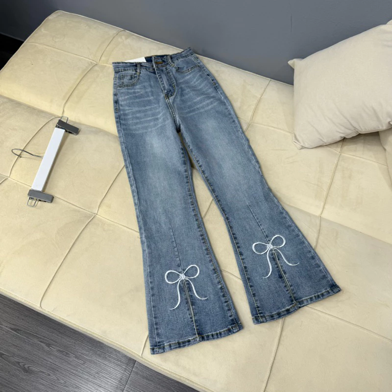 (89/90cm) Quần Jean Nữ Ống Loe Trơn Thêu Nơ Lai Xẻ ,  Đủ Size S/M/L ( L01 - quần loe lỡ ) 6761