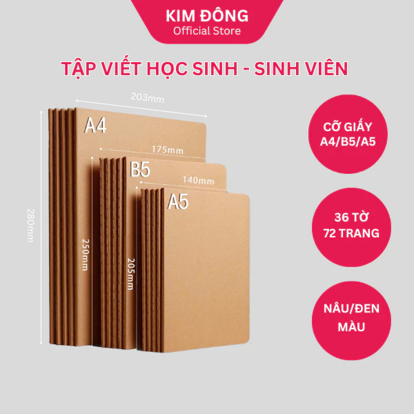 Tập Học Sinh Sổ Tay Khâu Gáy Sinh Viên A5 / B5 Kim Đông 72 Trang Bìa Đen Nâu Sang Trọng