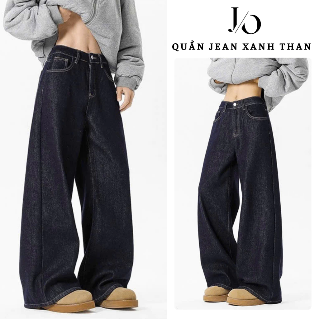 Quần Jean Xanh Than Chỉ Nổi Nam Nữ Suông Ống Rộng 28CM Quần Jean Unisex Bò Mềm Chỉ Nổi Lưng Cao Tôn Dáng JEAN