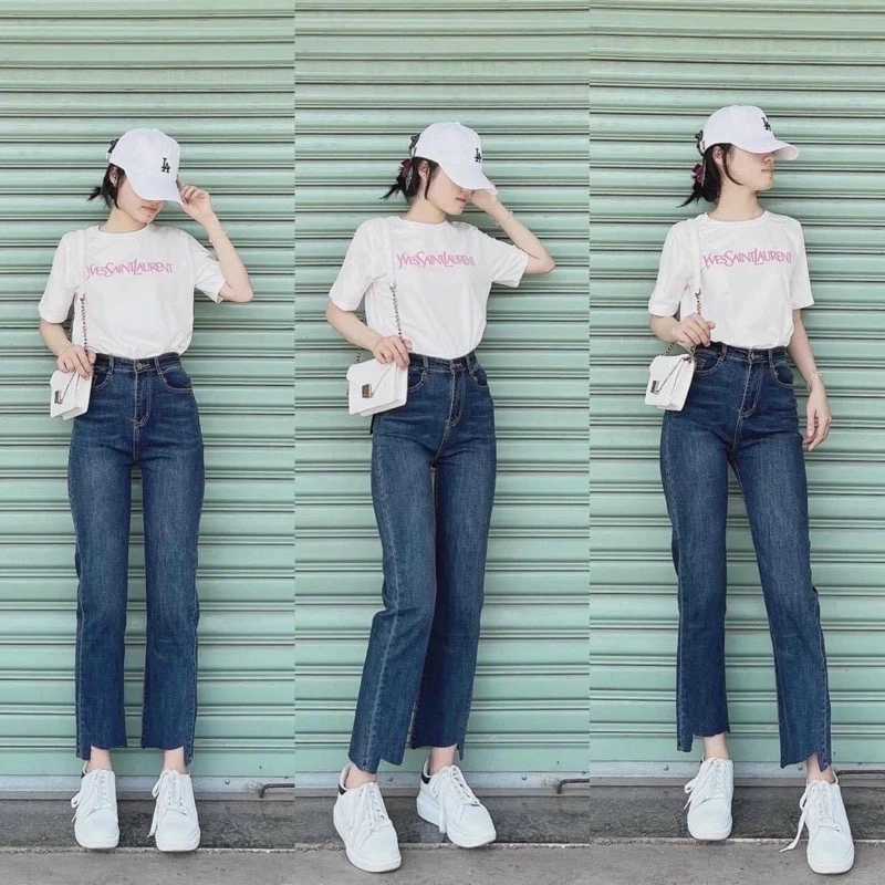 Quần ống  đứng gấu cắt lệch, quần jeans nữ form đứng kiểu dáng hàn quốc mã OD06