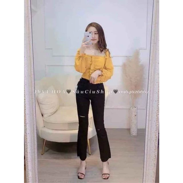 Quần jeans ống loe đen rách 2 đùi phong cách hàn quốc mã QL01