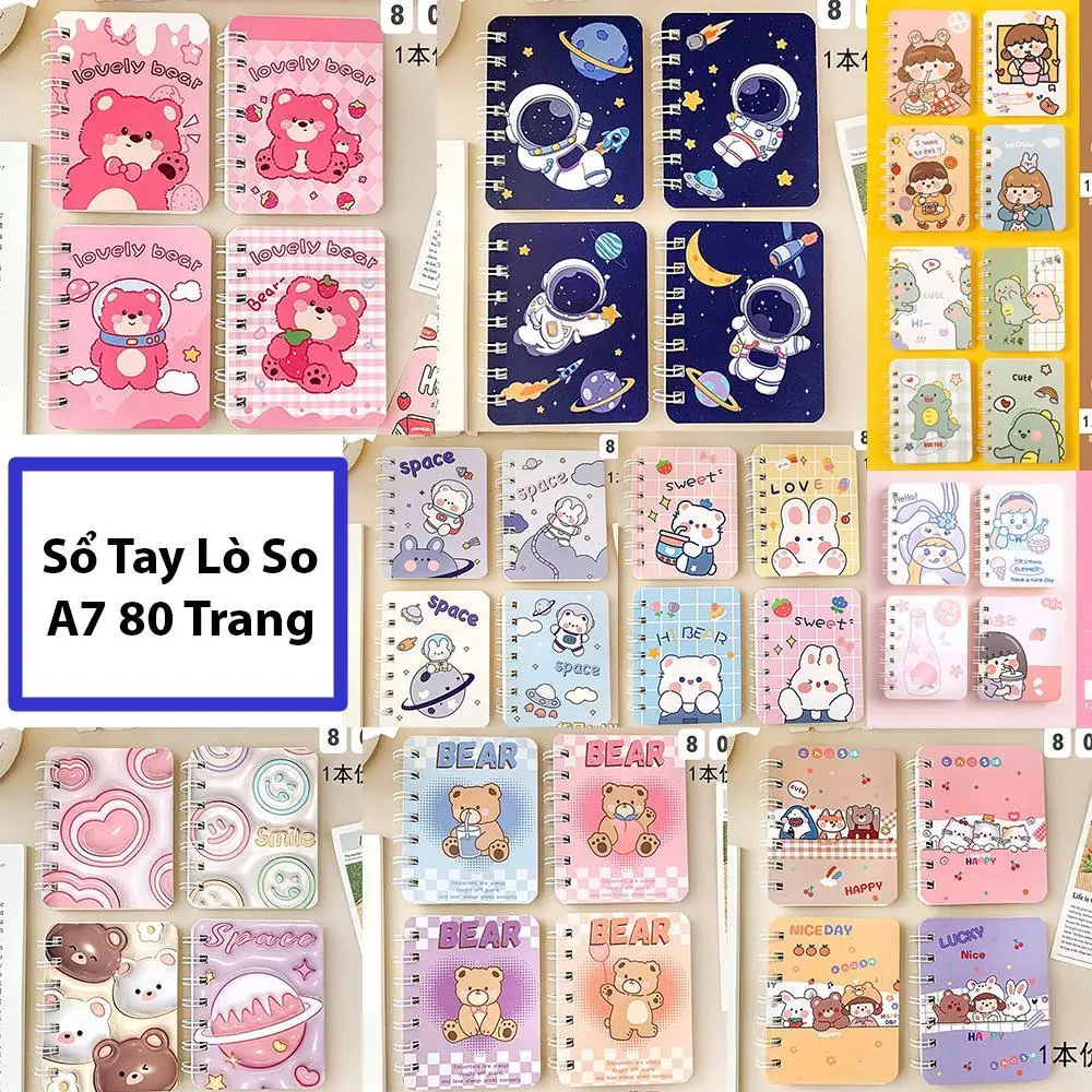 Sổ tay lò xo A7 Gấu Dâu Phi Hành Gia, Sổ tay ghi chép lò xo mini nhỏ gọn bỏ túi 80 trang A7