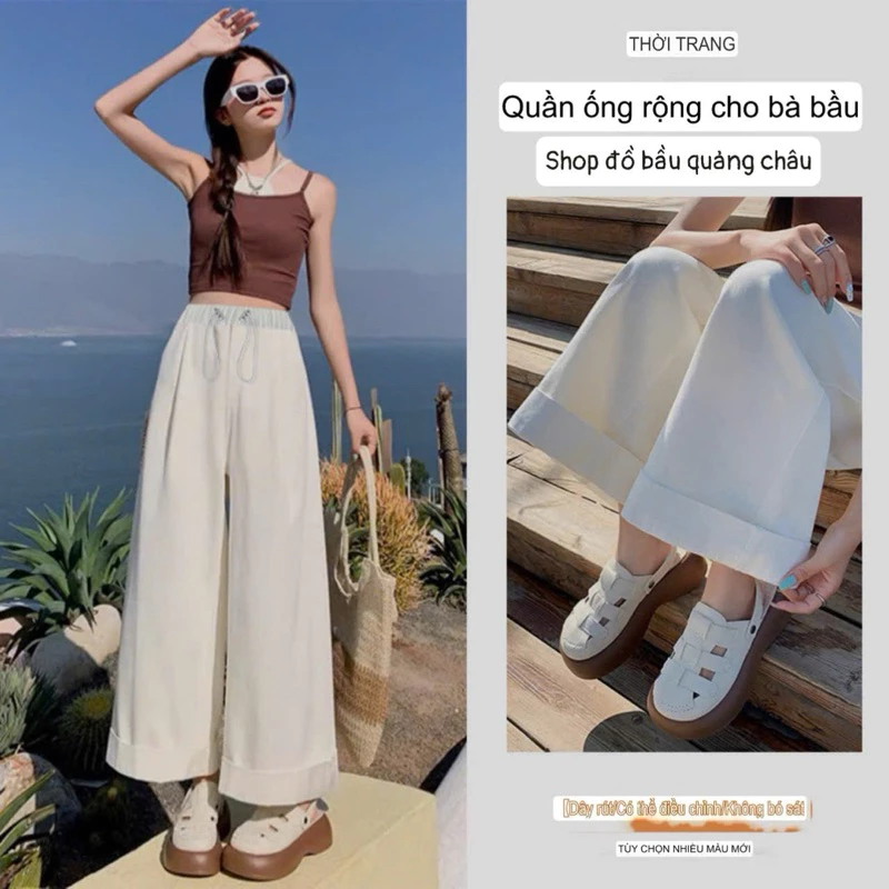quần bầu ống rộng mẫu mới cạp dây rút điều chỉnh thoải mái suốt thai kì và cả sau sinh