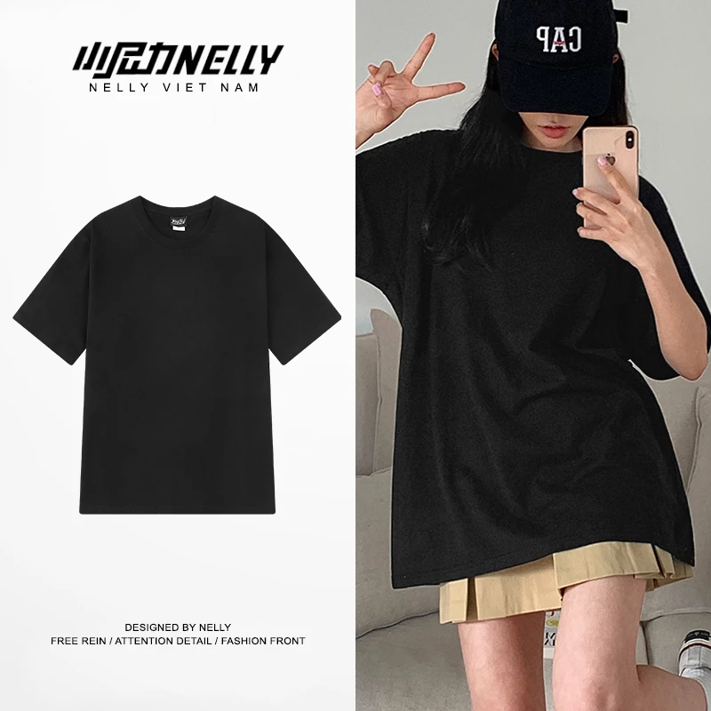 Áo thun NELLY Cotton 260gsm Premium - Đen Trơn Tay Lỡ Form Rộng Nam Nữ