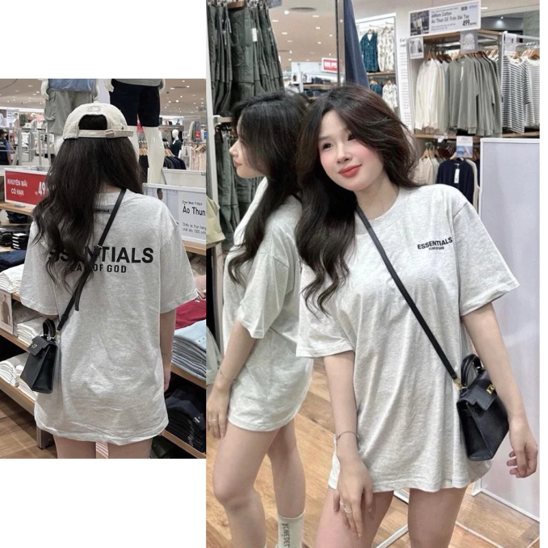 Áo Thun Nam Nữ ESSENTIALS In Chữ 2 Mặt Siêu Nét, Áo Thun Unisex Chất Cotton Màu Xám Tiêu Siêu Basic Hottrend Hè 2025