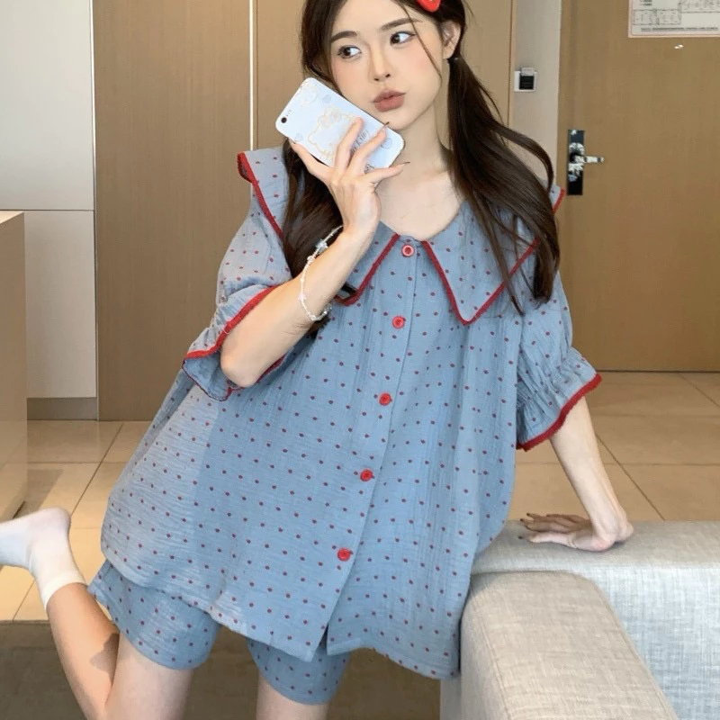 [SẴN] 480_ Bộ ngủ, pijama đôi nam nữ chất muslin hoạ tiết chấm bi xanh | Hàng QCCC | 9scat