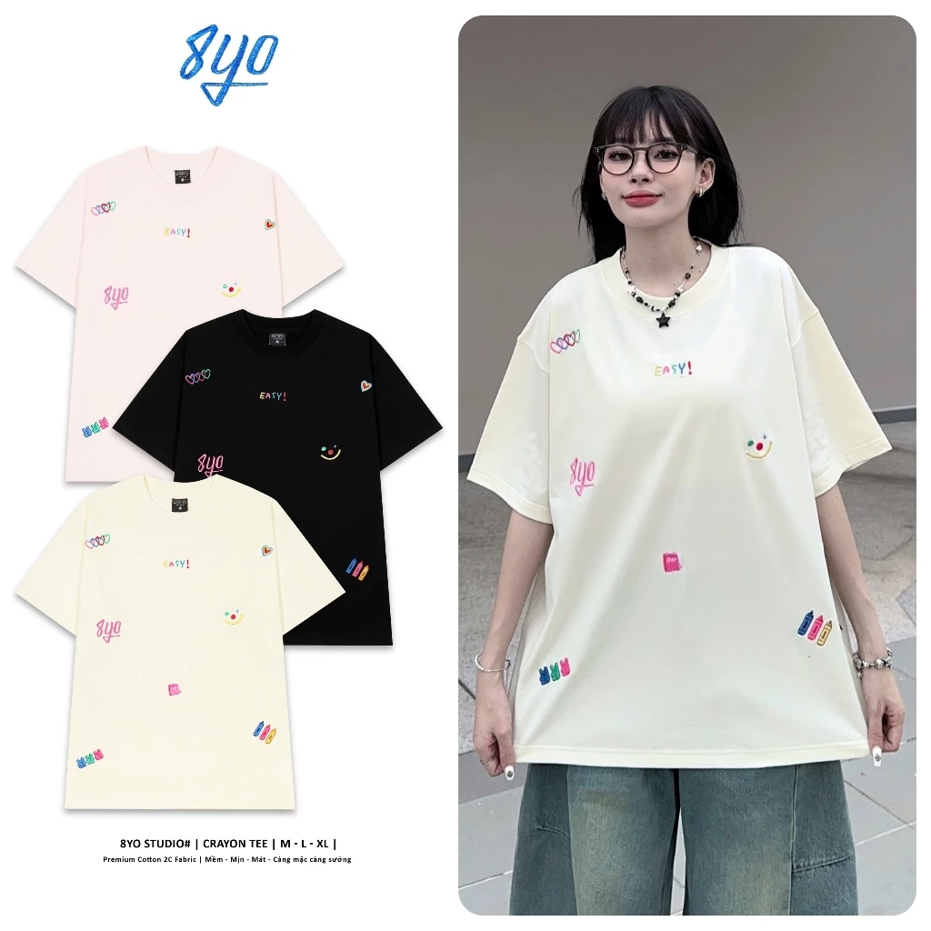 Áo Thun Nữ 8YO CRAYON Tee Chất Cotton Mềm Mịn Thoáng Mát, Áo Phông Nữ Form Rộng Siêu Basic Mới Nhất 2025