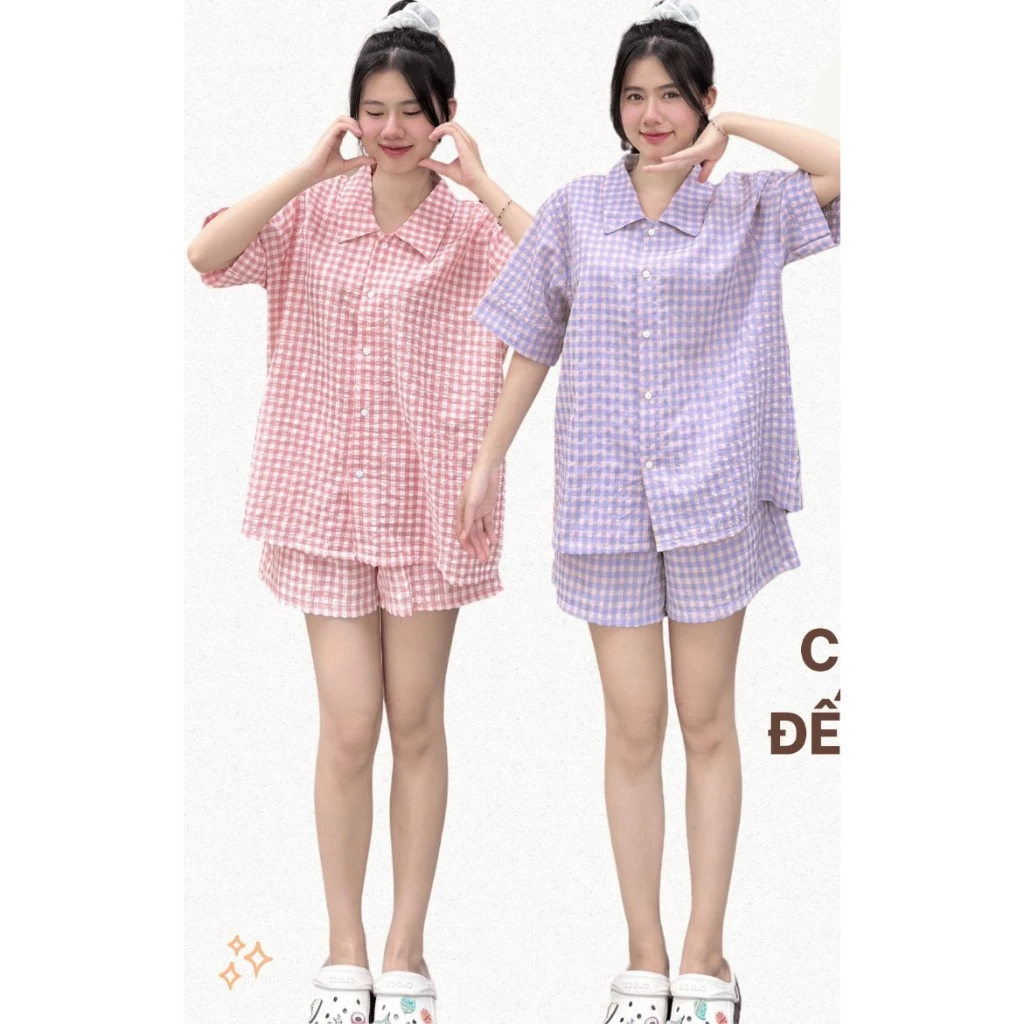 Bộ Đồ Ngủ Nữ Kẻ Caro Chất Liệu Đũi Xốp Mềm Mịn Thoáng Mát. Bộ Ngủ Cộc Tay Form Rộng Nhiều Màu Sắc Mặc Ở Nhà 4 Mùa