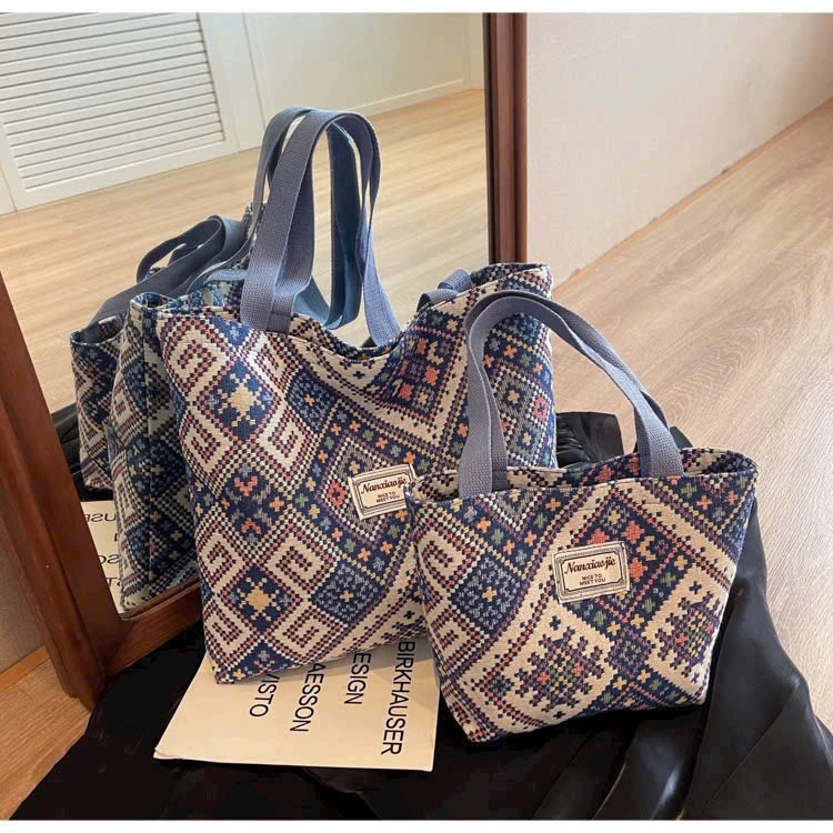 Set 2 túi tote thổ cẩm dung tích lớn, phong cách dân tộc cho nữ