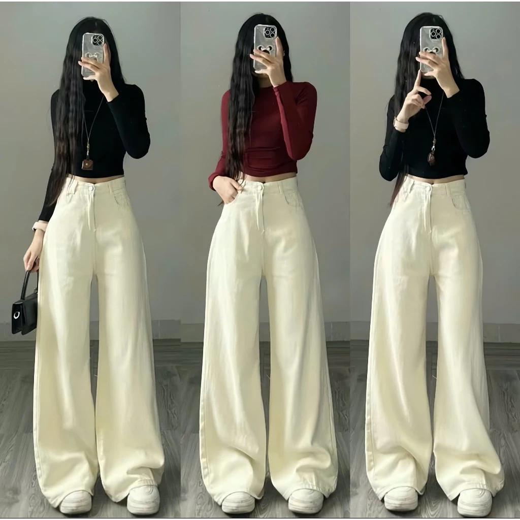 Quần jeans bò màu kem ống suông rộng phong cách Hàn Quốc