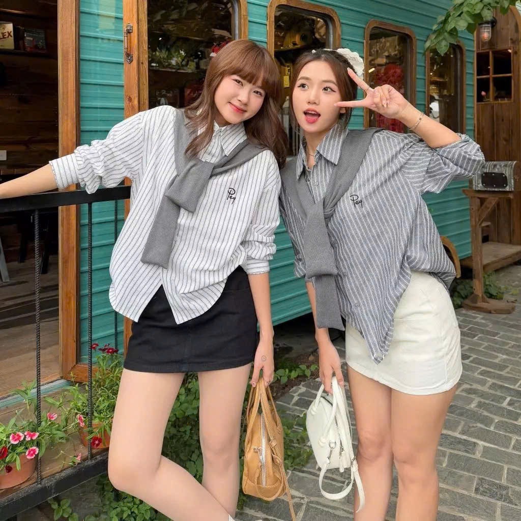 Sumiishop Áo sơ mi kẻ kèm khăn thủy thủ chất thô chữ thêu mã SM11