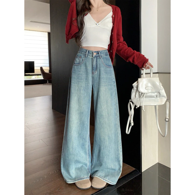 Quần bò dáng suông nữ mài bạc lưng cao chất jeans mềm phom dài dáng chuẩn