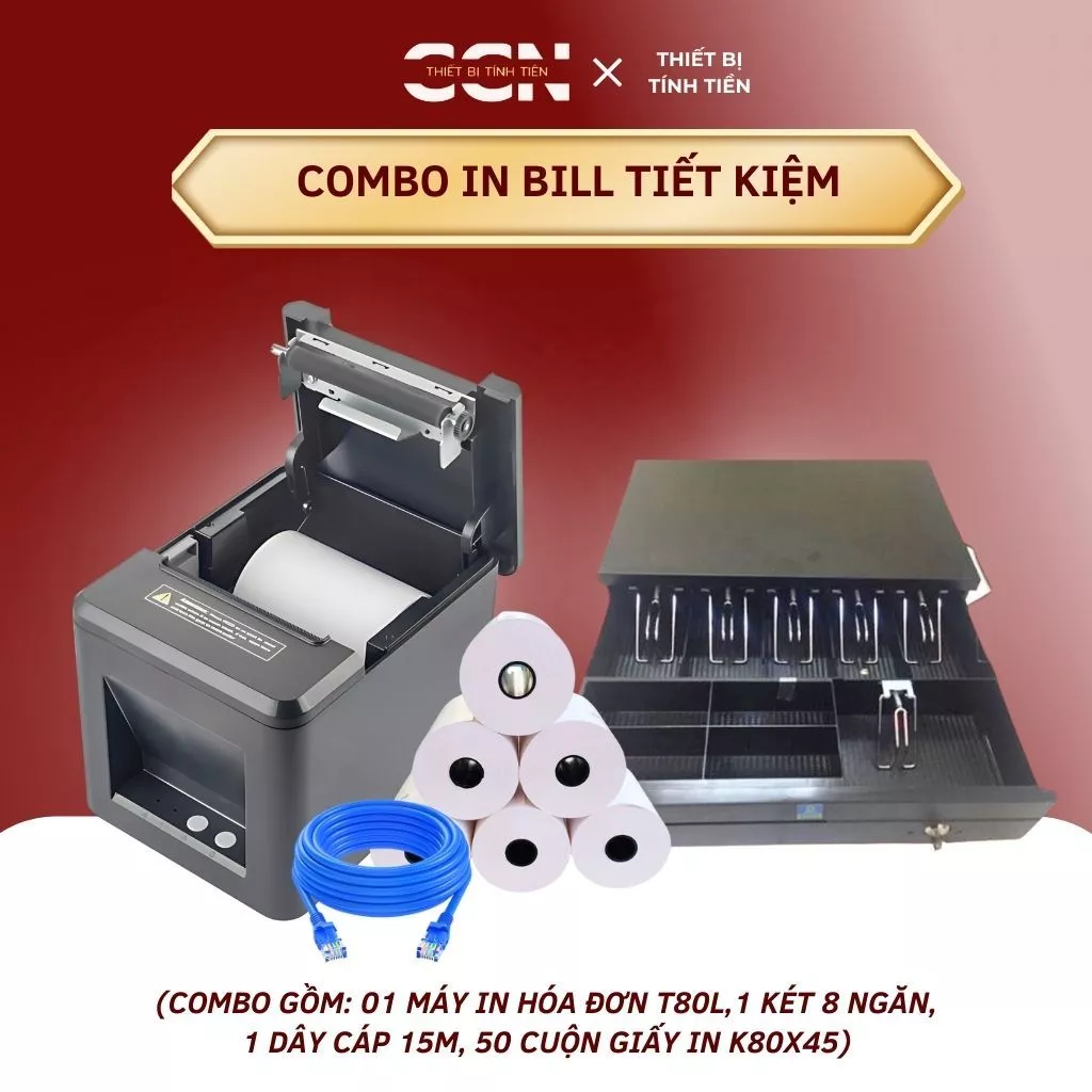 COMBO IN BILL TIẾT KIỆM – Full Set Chuyên Nghiệp | Máy in T80L + Két Tiền 8 Ngăn + 50 Cuộn Giấy K80x45 + Dây Cáp 15m