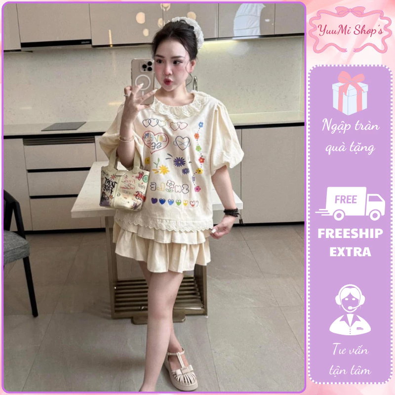 Đồ bộ nữ áo thun tay bồng cổ tròn viền ren hoa phối chân váy ngắn 2 tầng xếp ly, set váy nữ in hình dễ thương HCOM25309