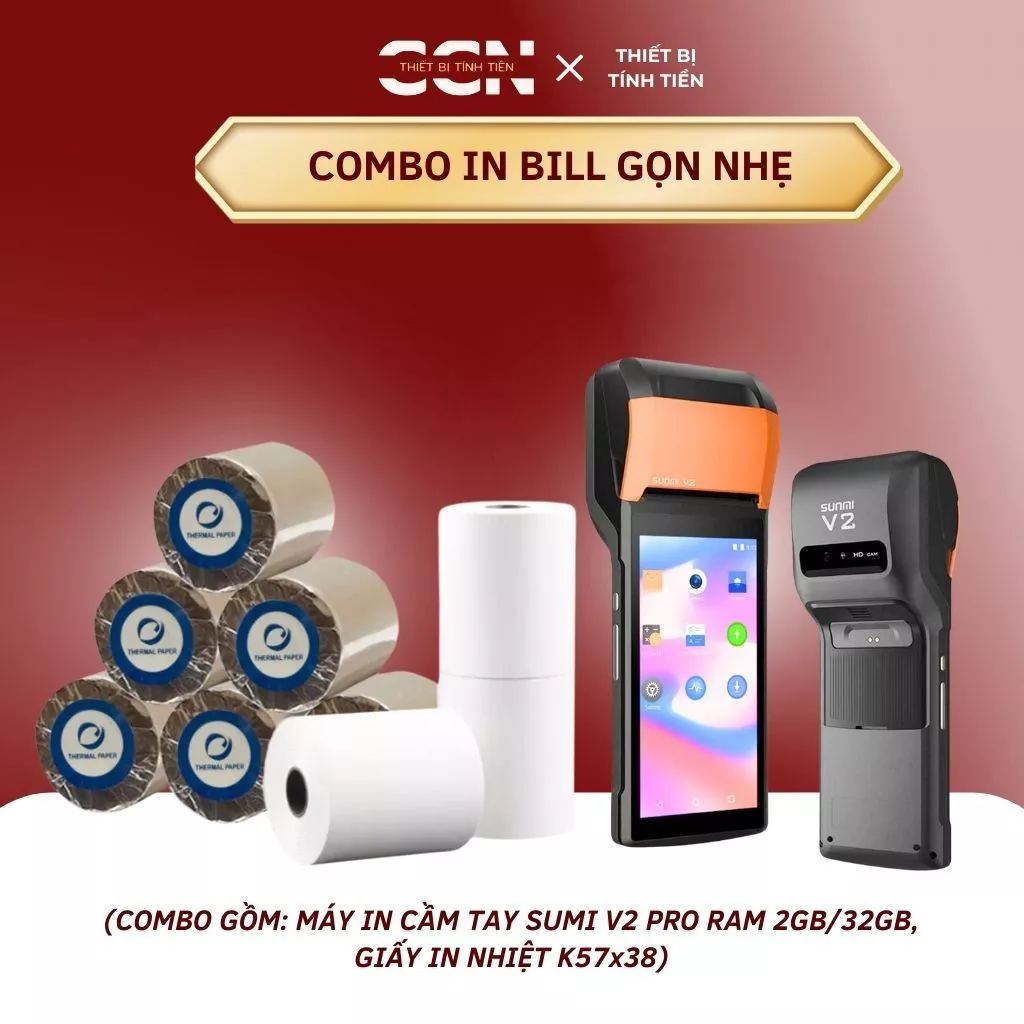 COMBO IN BILL GỌN NHẸ - Combo Máy In Cầm Tay Có Màn Hình, Giấy In Nhiệt K57x38 (mm)