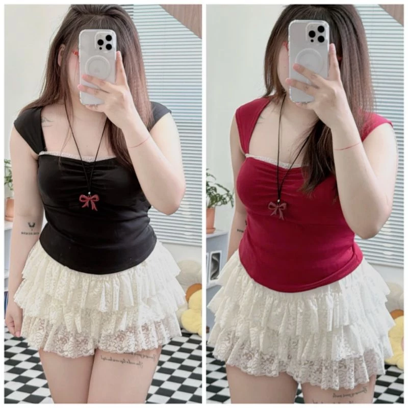[Bigsize 60_90kg] Áo thun tay nhí phối ren A06