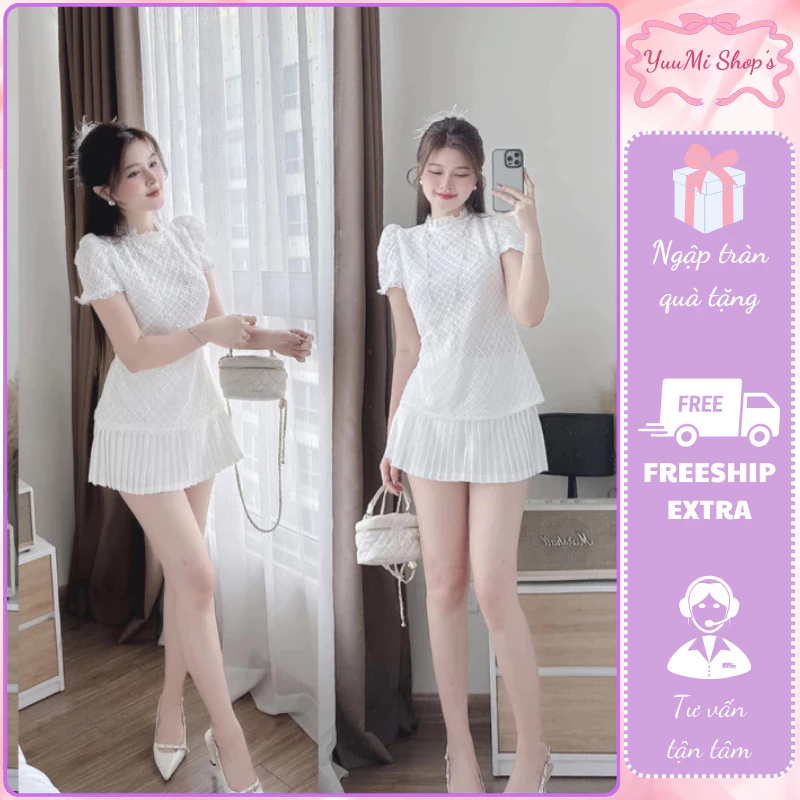 Set váy nữ ren tiểu thư xinh,đồ bộ nữ áo cổ tròn tay cộc vai bồng mix chân váy xếp ly dáng ngắn trẻ trung Yuumi hcom3558