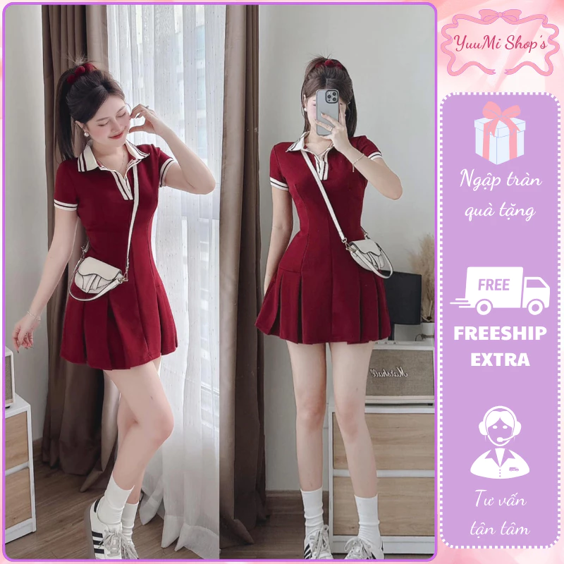 Váy babydoll tiểu thư xinh tông màu đỏ trơn,đầm midi cổ polo cộc tay phối viền màu kẻ sọc đuôi váy xếp ly bồng hcom3556