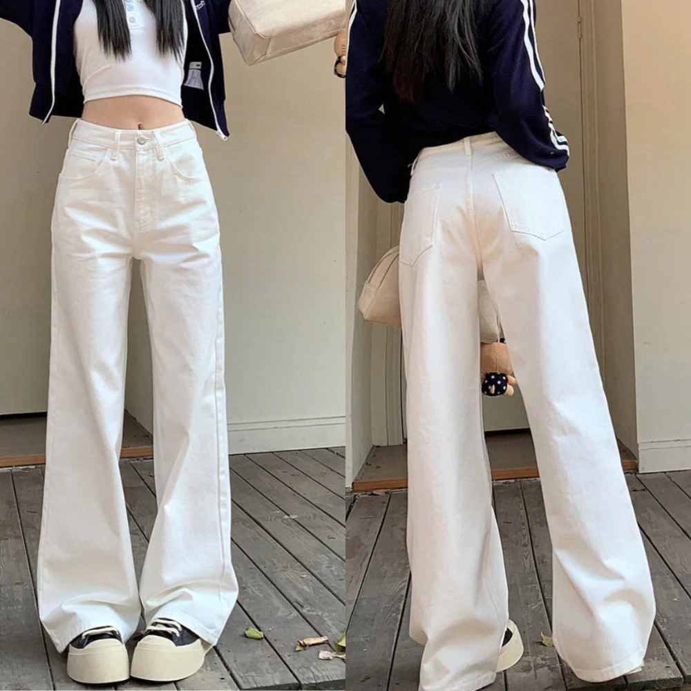 Quần jeans ống rộng màu trắng lưng cao basic, quần bò ống suông nữ kiểu dáng thời trang mã QS28