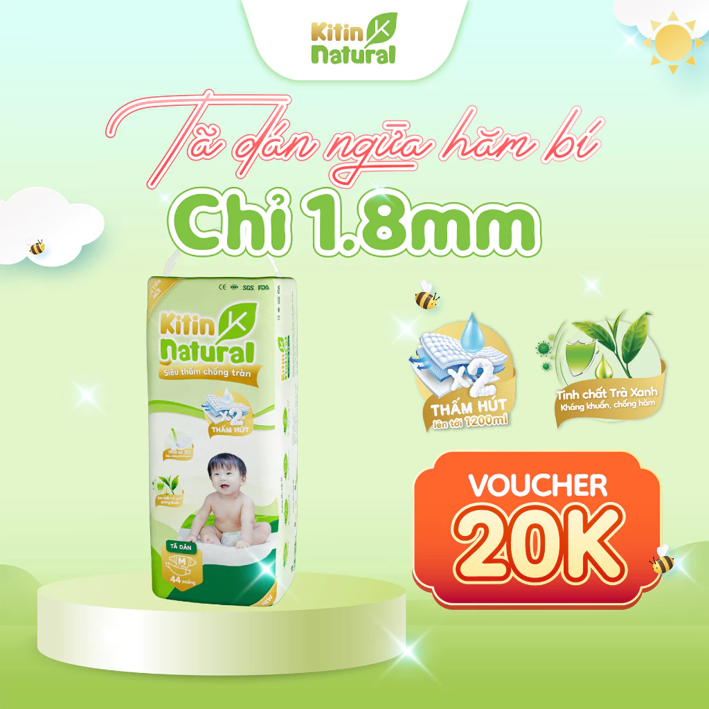 Tã/Bỉm quần dán Kitin Natural size NB56/S50/M44/L40 siêu mỏng thoáng, thấm hút lên tới 1100ml