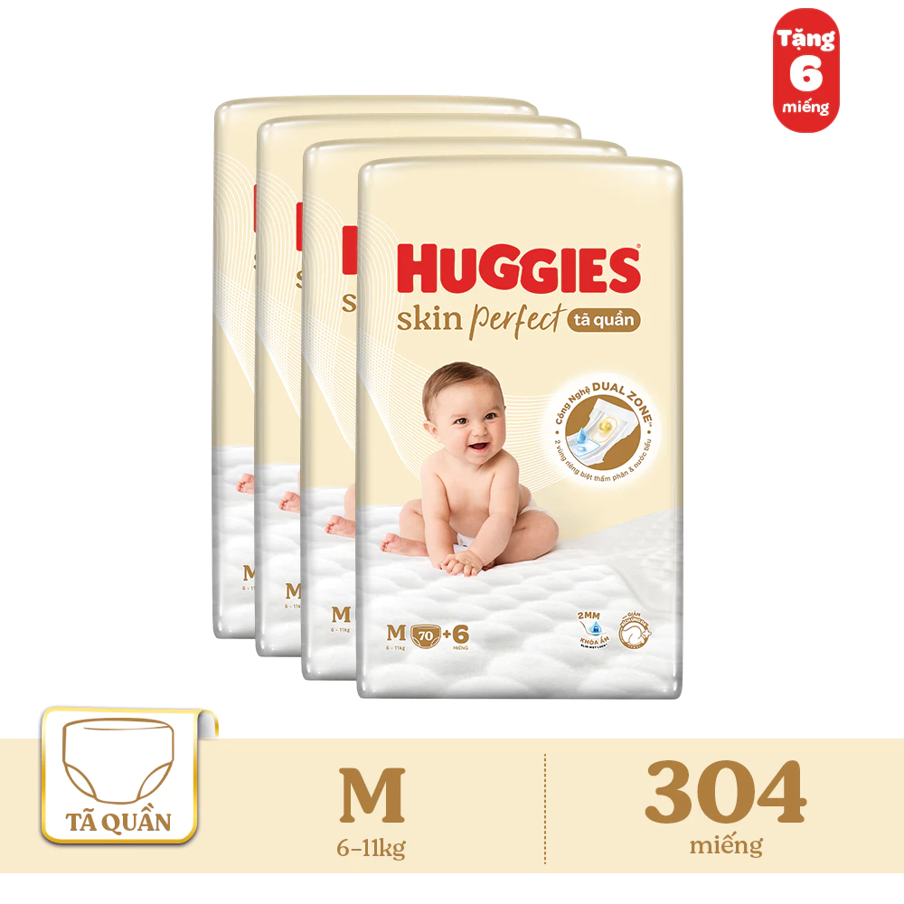 [KOL LIVE] Combo 4 Tã quần Huggies Skin Perfect Super Jumbo M70+6/ L60+6/ XL52+6/XXL48+6với 2 vùng thấm giảm kích ứng da