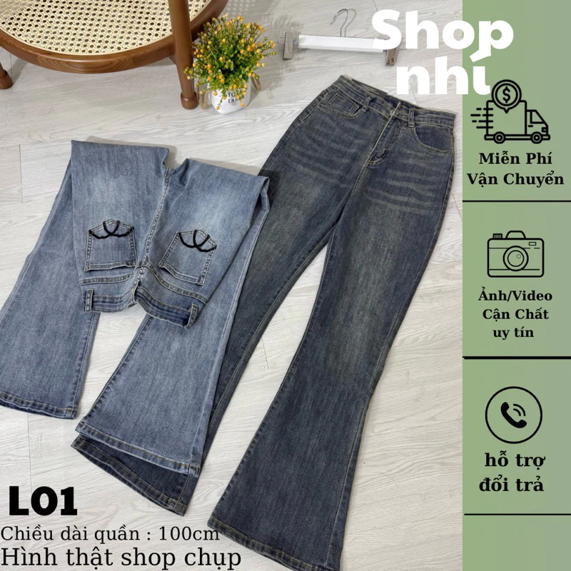 (100cm) SHOP NHÍ Quần jean nữ ống loe thêu túi sau Size SML ( M01 - quần loe dài  ) 6174