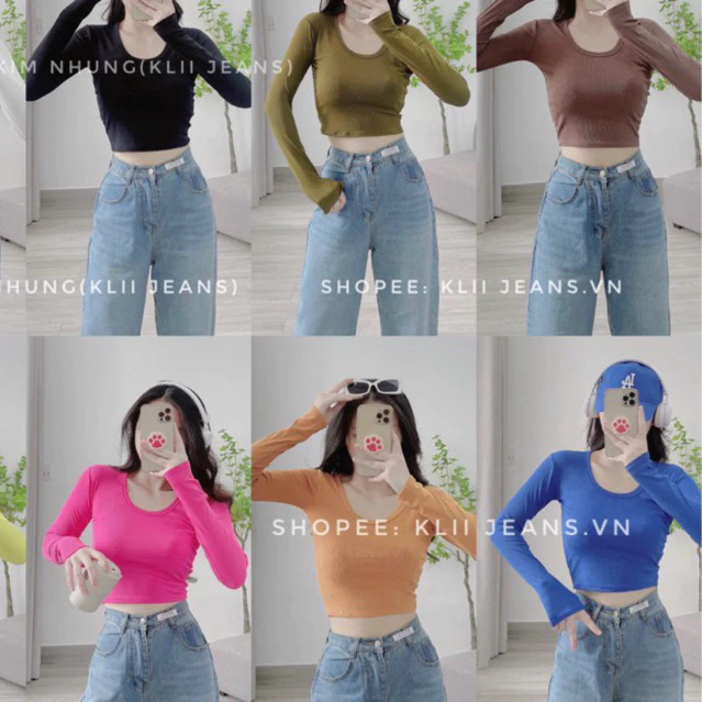🌷Hót🌷 Áo phông tăm mềm mịn Qc tay dài cổ U dáng croptop KLii jeans🌷