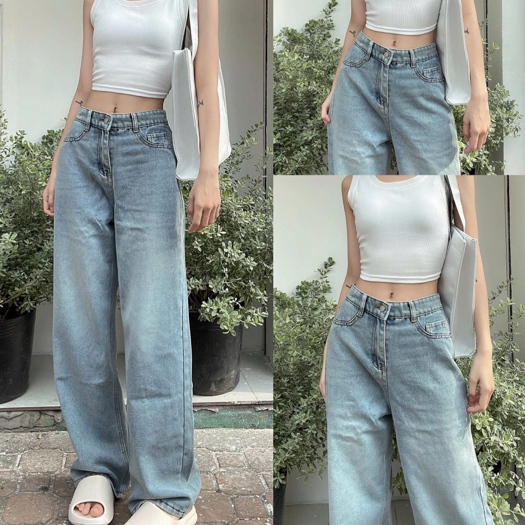 Quần jeans ống rộng cạp cao tôn dáng, quần bò form suông nữ mã QS31