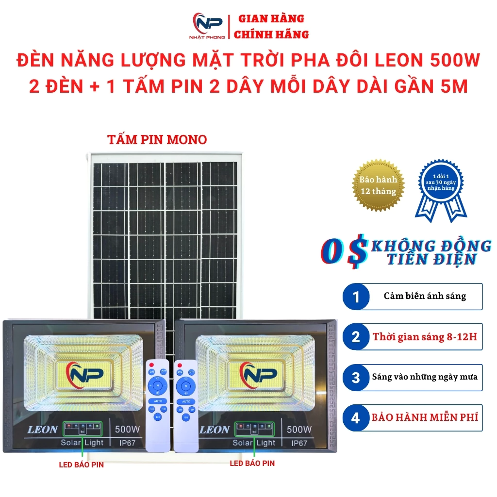 Đèn năng lượng mặt trời SHOP NHẬT PHONG đèn pha LEON trang trí sân vườn pha đôi 500W,600W điều khiển cảm biến IP68