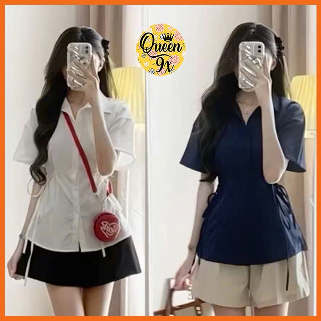 Áo Sơ Mi Đũi Buộc Nơ Eo Cổ Bẻ Cúc Cài Nữ Xinh Xắn Chất Đẹp