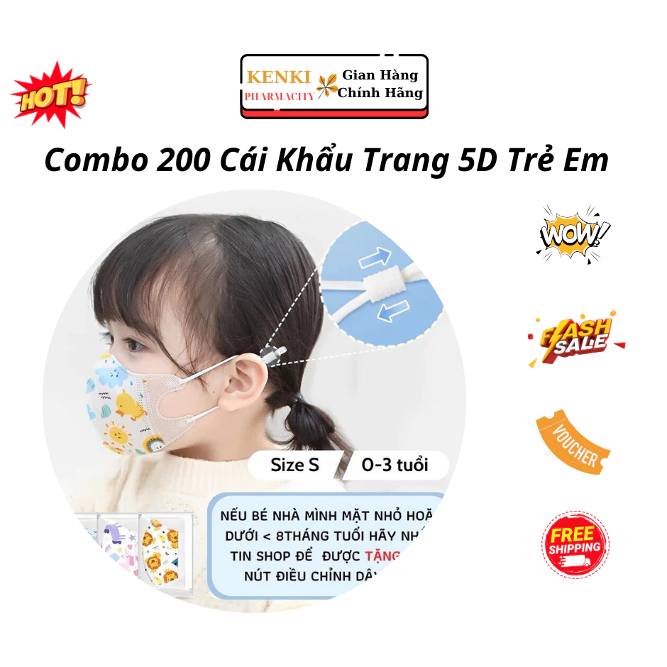 [Combo 200 Cái] Khẩu Trang 5D Em Bé 0-2 & 3-6 Tuổi kháng khuẩn mix hình cao cấp