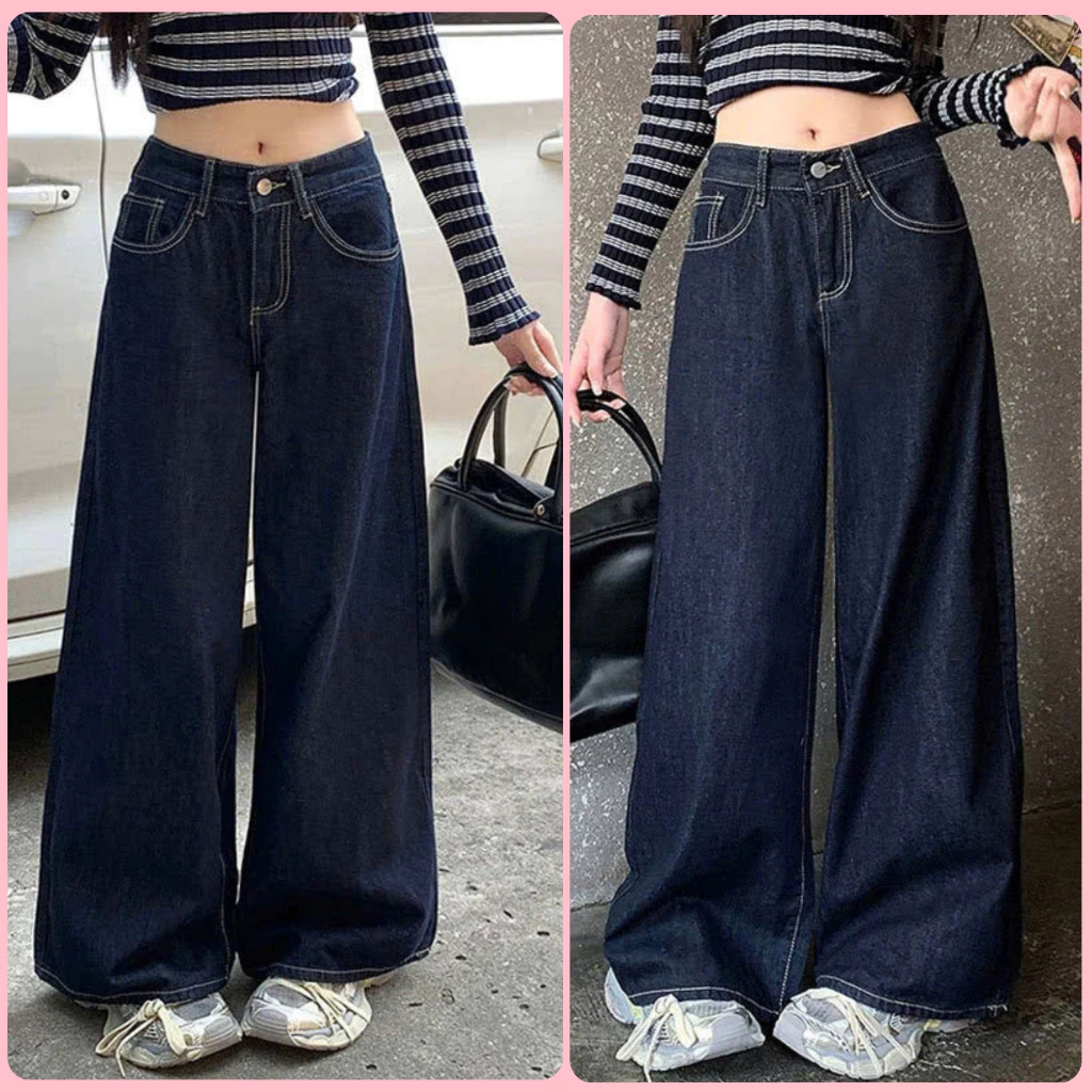 Quần jean bò nữ ống suông màu xanh than quần bò nữ ống rộng cạp cao viền chỉ nổi phong cách hàn quốc