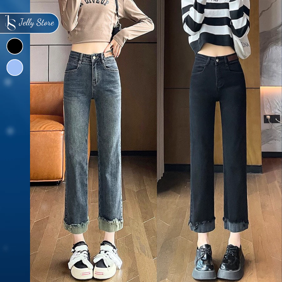 Quần Jean Ống Đứng Nữ Jelly phù hợp 1m5-1m6, Quần Bò xanh đen D002 không co giãn