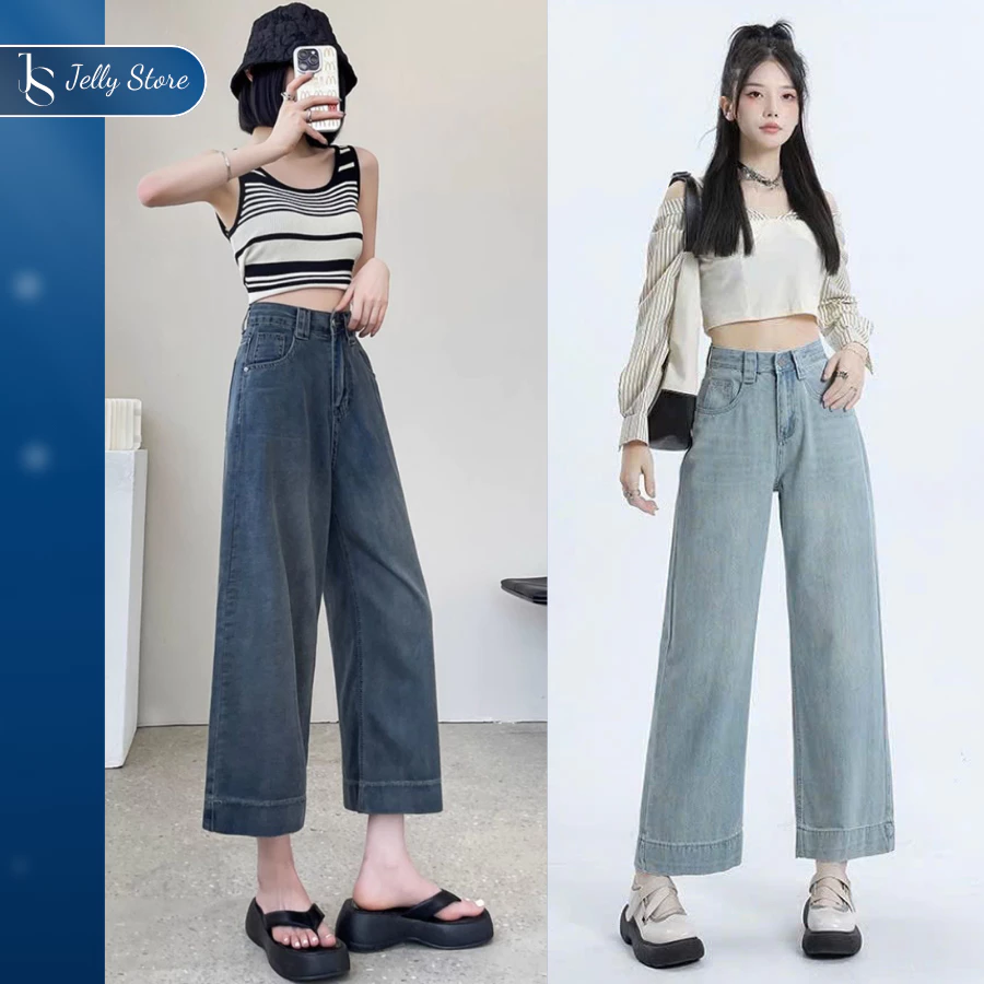 Quần Jean Nấm Lùn Ống Rộng Nữ Jelly Cho Người 1m5, Quần Bò Form Rộng Kiểu Dáng Dài Lửng D003