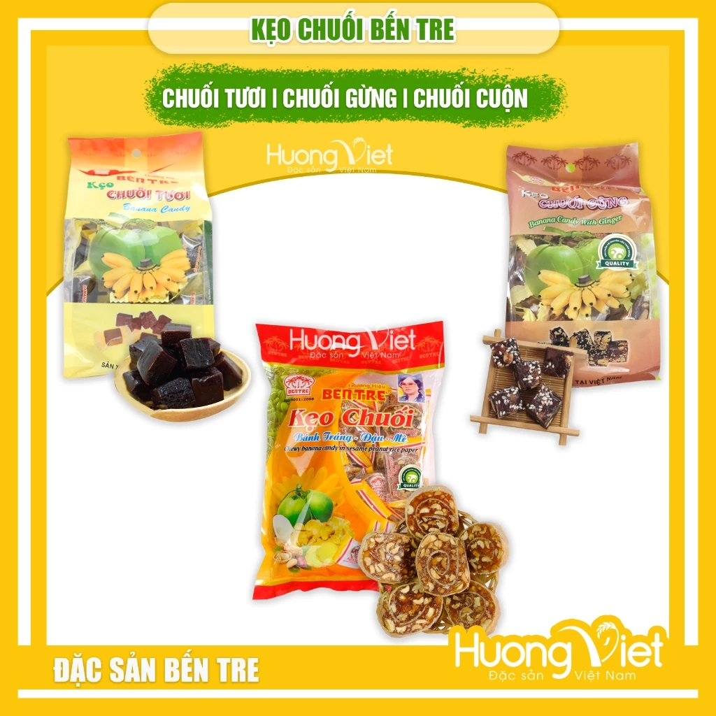 Kẹo chuối Bến Tre dẻo thơm đậm đà vị chuối xiêm thơm ngon thương hiệu Hai Tỏ 200g