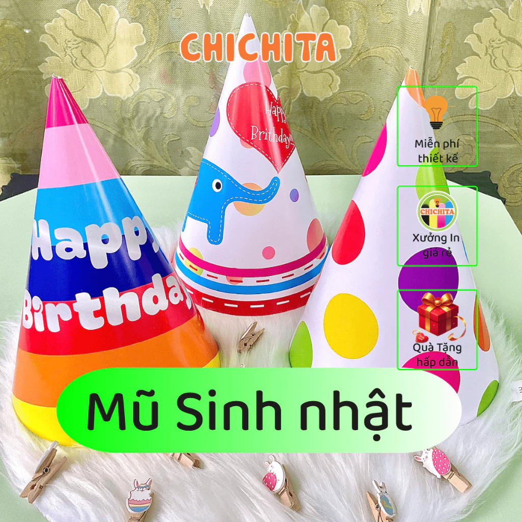 Set 10 Mũ sinh nhật in hoạt hình ngộ nghĩnh, nhiều màu hàng sẵn