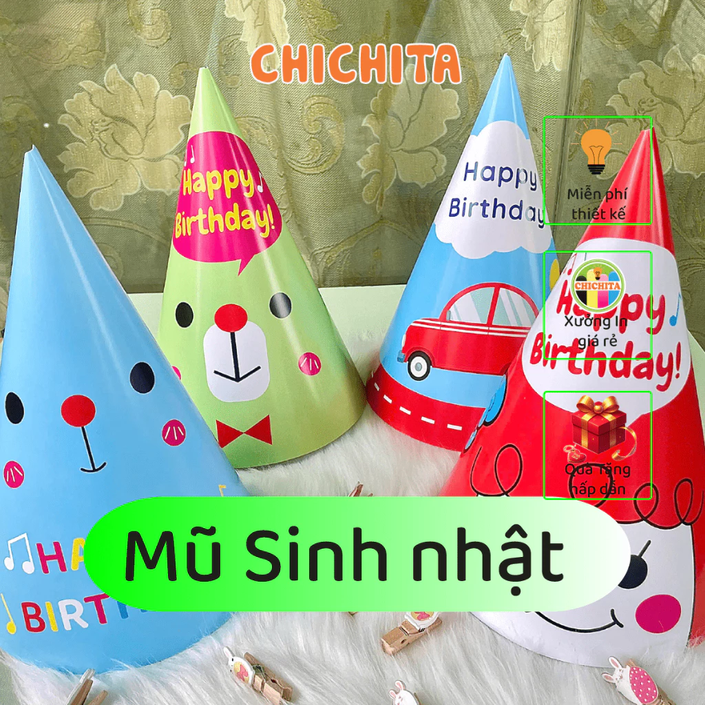 Set 10 Mũ sinh nhật IN hoạt hình ngộ nghĩnh, nhiều màu hàng sẵn