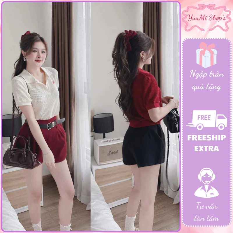 Set nữ sang chảnh, set đồ thiết kế áo polo dệt kim cộc tay phối quần short ngắn basic trẻ trung cá tính Yuumi HCOM25014
