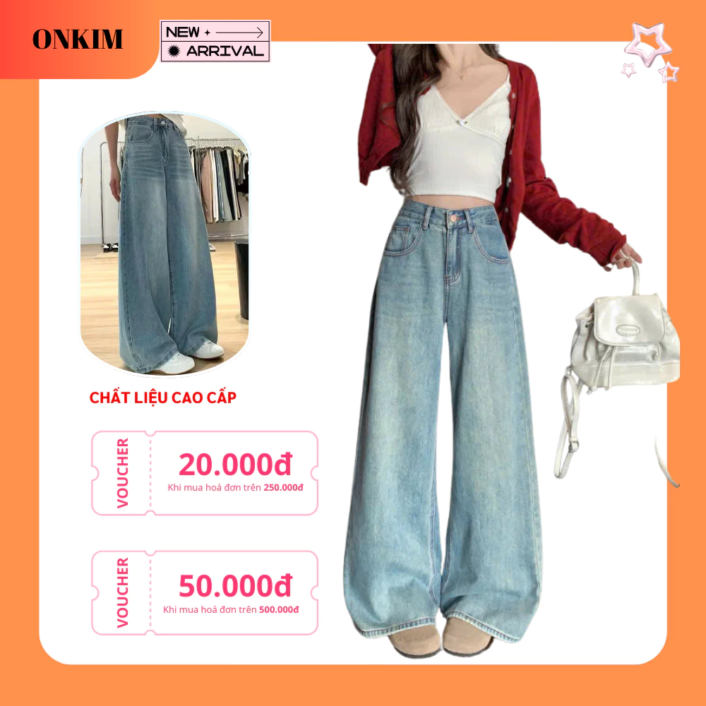 Quần bò dáng suông nữ ONKIM mài bạc lưng cao chất jeans mềm phom dài dáng chuẩn