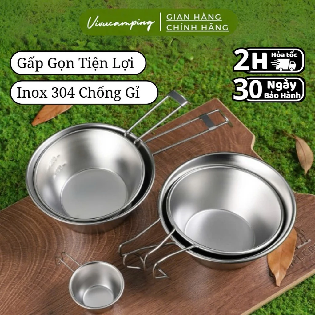 Chén Bát Dã Ngoại Siêu Nhẹ Inox 304 Phủ Teflon Cao Cấp, Bộ Bát Xếp Gọn Tiện Lợi Cho Cắm Trại Camping