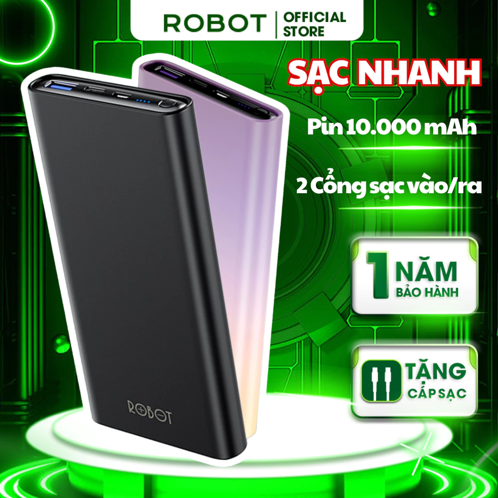 Combo Dây Cáp Sạc Nhanh Và Sạc ROBOT RT11/RT22S Nhanh 20W PD/QC, Sạc Đồng Thời 2 Thiết Bị - Bảo Hành 1 Đổi 1