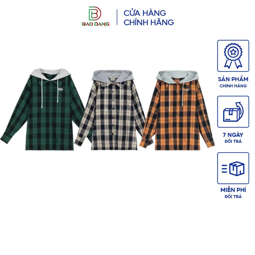 Áo khoác sơ mi chống nắng nam nữ flannel có cổ sơ mi và có mũ nón nỉ 2 lớp tháo rời Bảo Đăng.