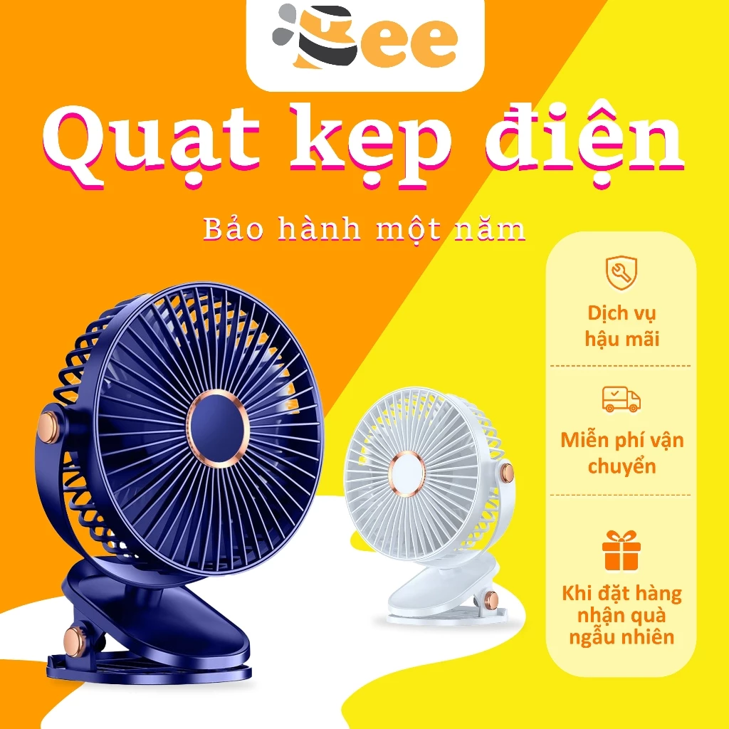 Quạt Mini Kẹp Bàn Cầm Tay Tích Điện Pin Sạc 5 Tốc Độ Gió, Xoay Linh Hoạt 360 Độ Có Đèn LED Beehome
