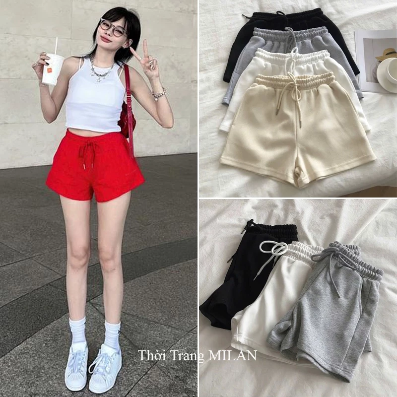 Quần short ngắn lưng cao thun co giãn có túi - Quần đùi cạp chun nữ mặc nhà mùa hè đi biển thể thao vải mềm mịn trơn dày