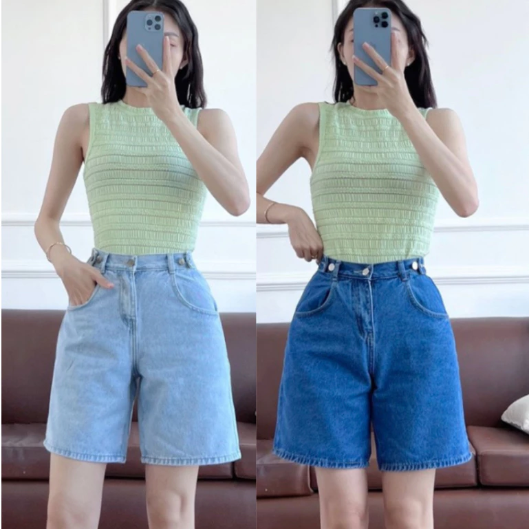 Quần short jean đai chỉnh eo, quần sooc bò ống rộng lưng cao có đai chỉnh eo tiện lợi (Mã SK13)