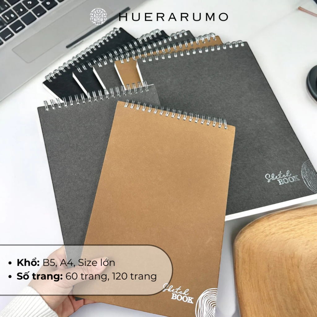 Sổ vẽ phác thảo HUERARUMO, Sketchbook 60-120 trang, giấy cao cấp 150gsm, sổ lo xo, B5- A4, size lớn (23cm x 32cm)